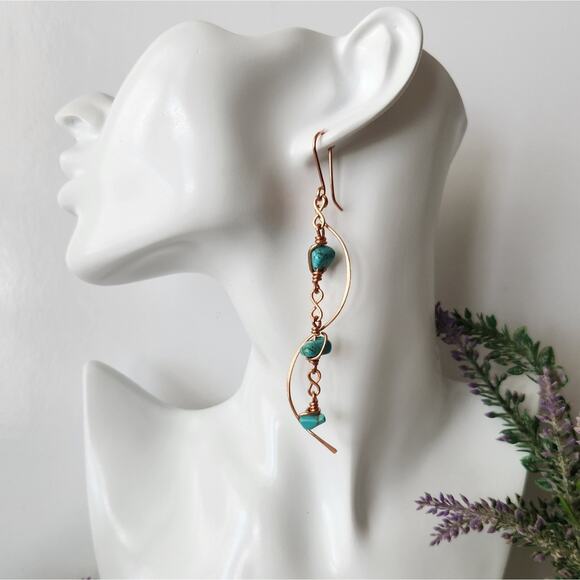 Artistic Copper Long Dangle Earrings with Turquoise Wagnerite Stone Beads - Picture 5 of 7